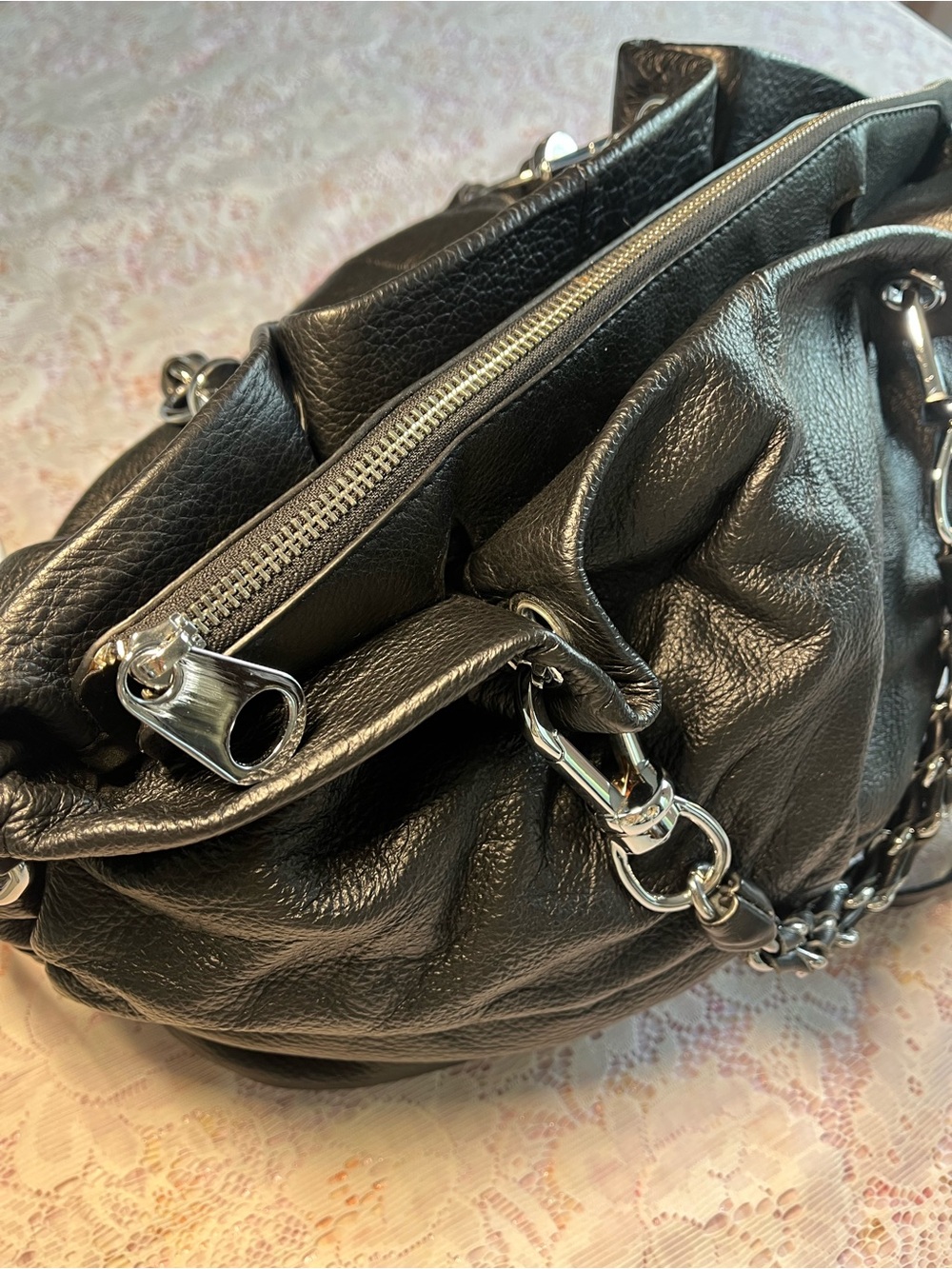 Black Slouchy Shoulder Bag with Chain Detail - Picture 5 of 14